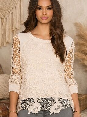 Free People Cream Lace Crochet Sweater Top Boho Long Sleeve Size S